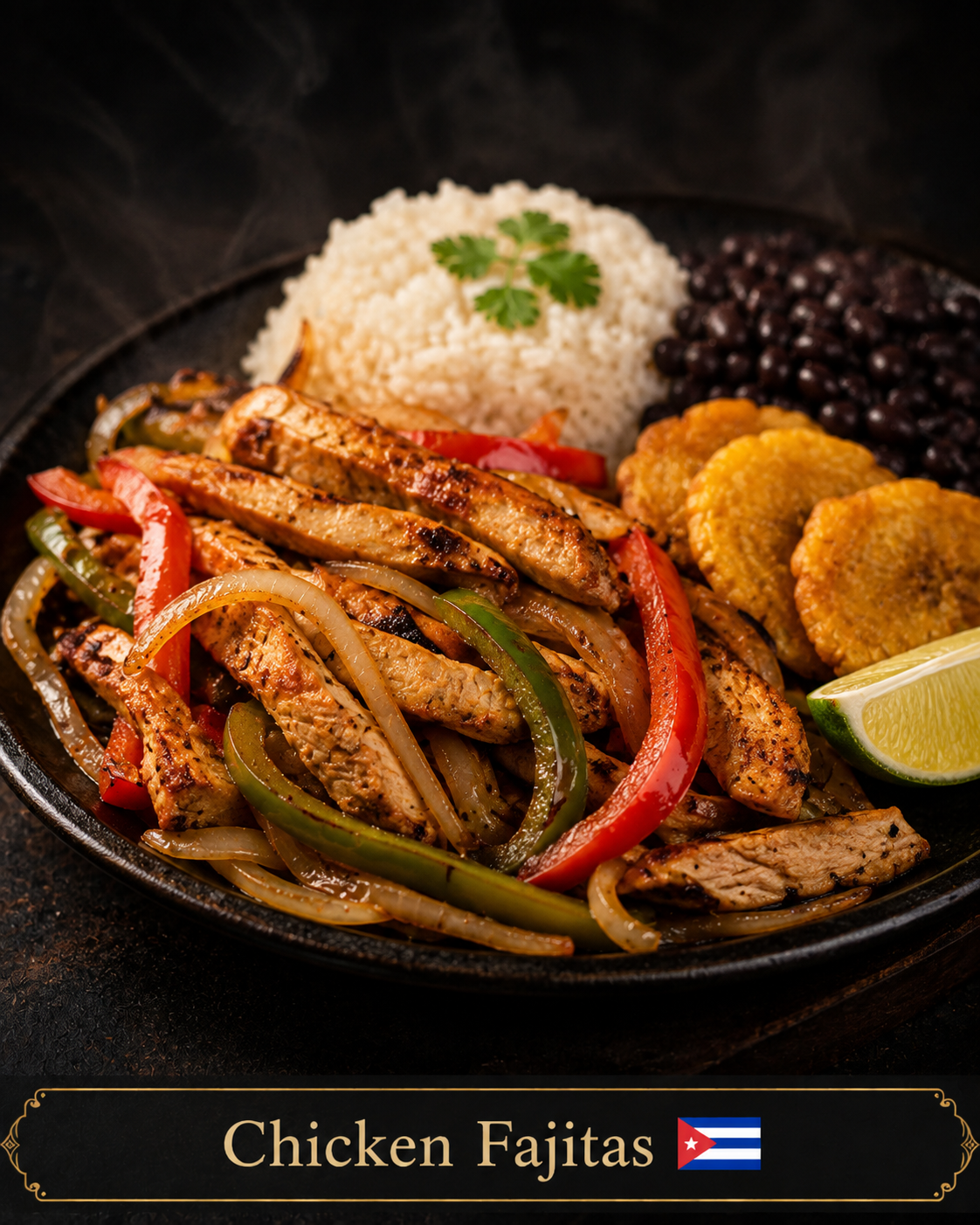 Fajitas de pollo con pimientos y cebolla, arroz, frijoles y tostones