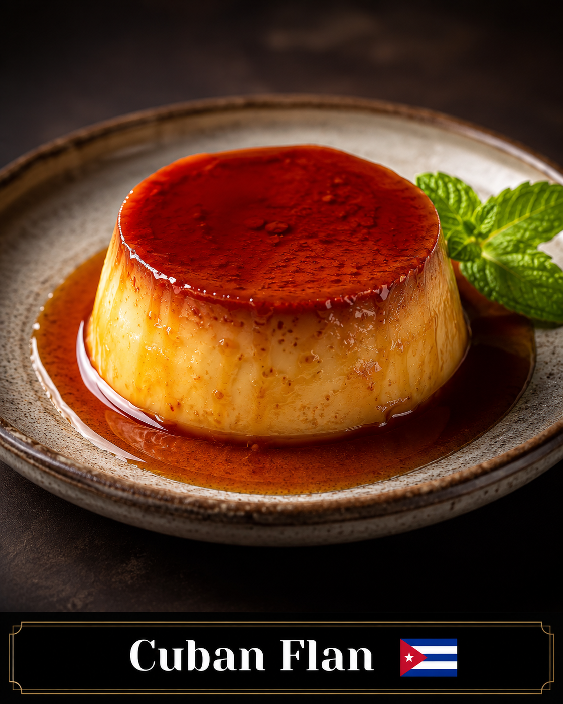 Flan cubano con caramelo y hojas de hierbabuena