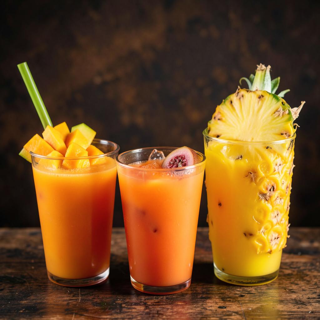 Jugos naturales de mango, guayaba y piña en vasos
