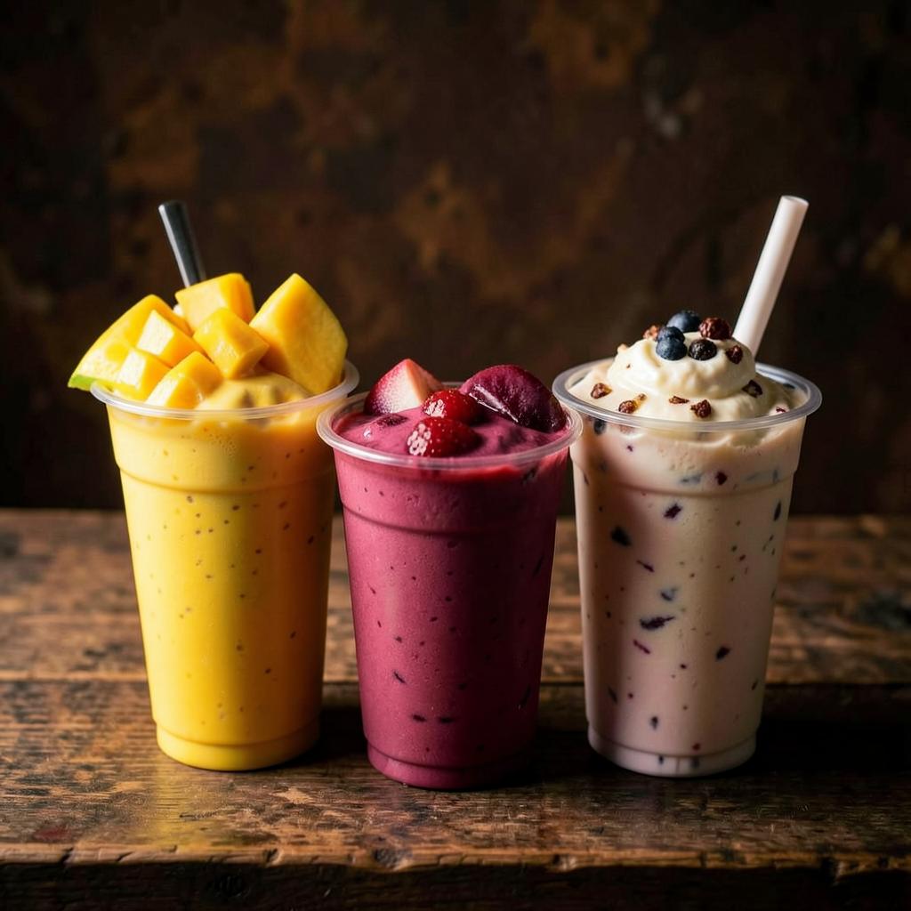 Batidos tropicales de mango, mamey y guanábana en vasos