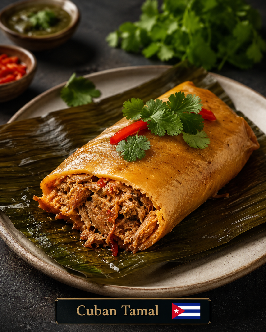 Tamal cubano abierto sobre hoja de plátano con relleno de cerdo