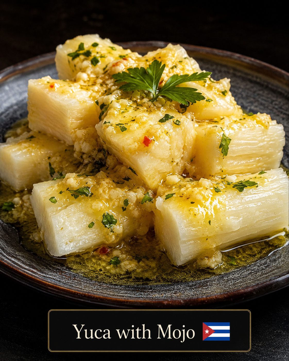 Yuca hervida con mojo de ajo y perejil
