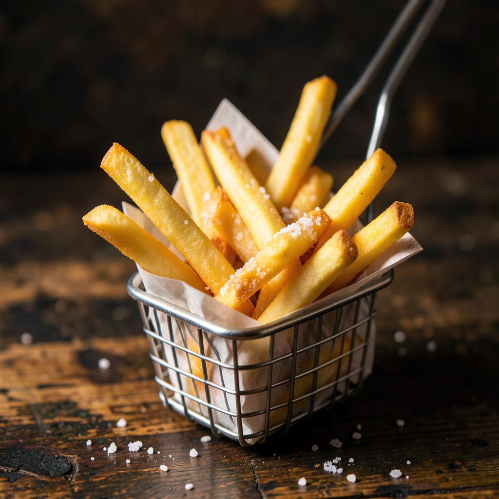 Canasta de papas fritas doradas con sal