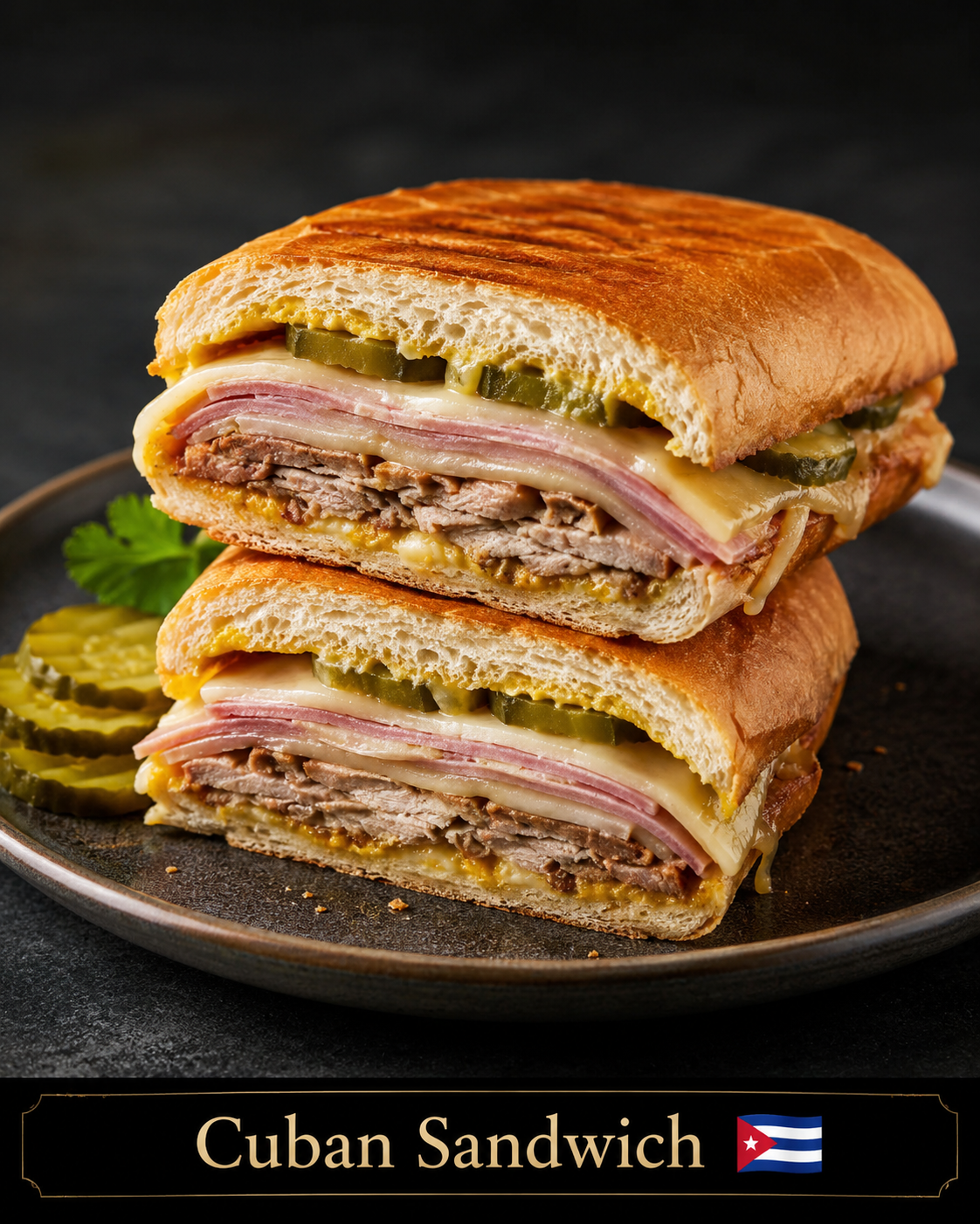 Sándwich cubano prensado cortado a la mitad con pepinillos