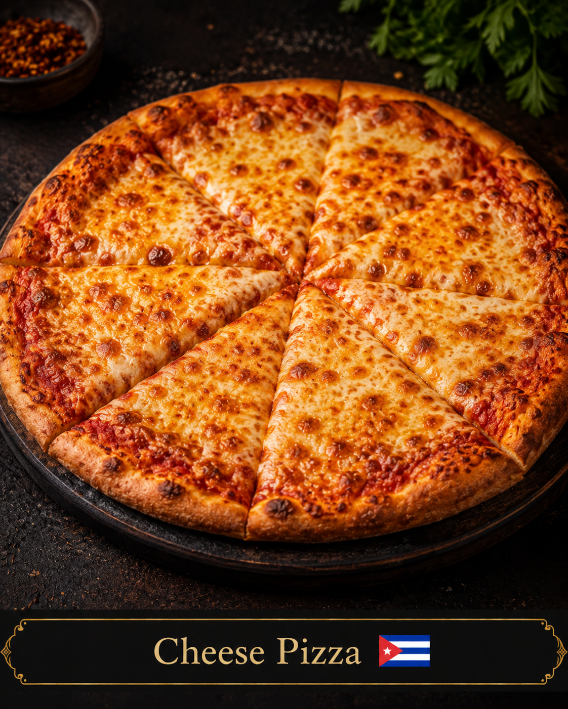 Pizza de queso recién horneada cortada en porciones