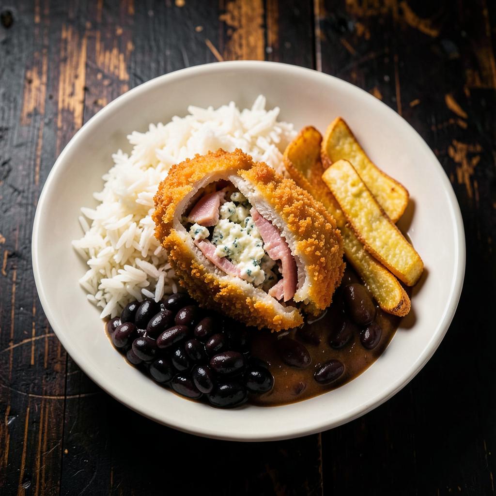 Pechuga empanizada rellena de jamón y queso azul con arroz y frijoles negros