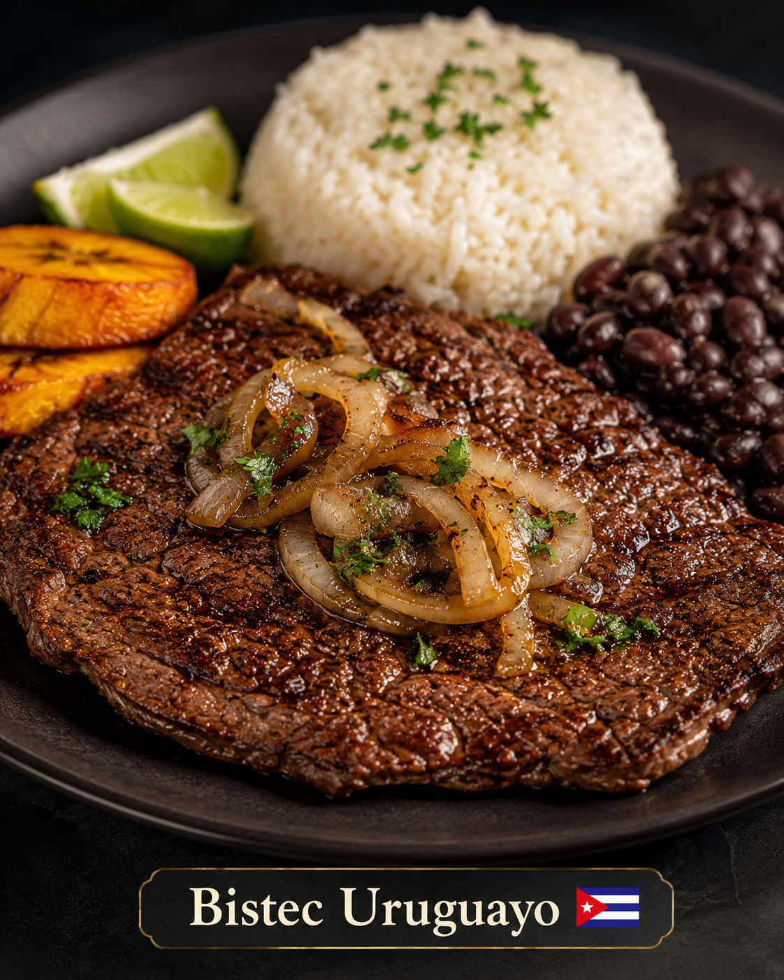 Bistec uruguayo con cebolla, arroz blanco, frijoles negros y plátano