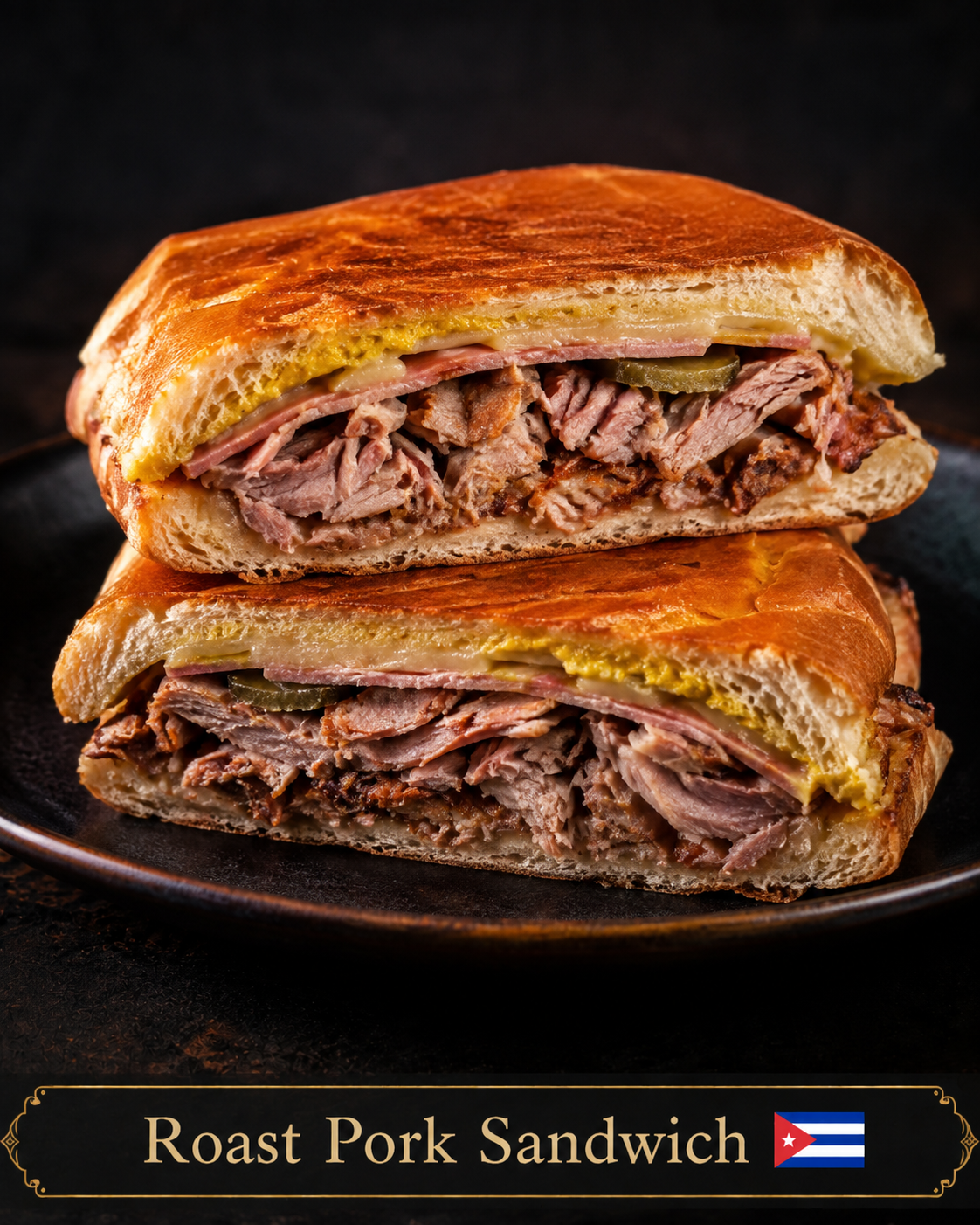 Sándwich de lechón asado prensado con queso, pepinillos y mostaza