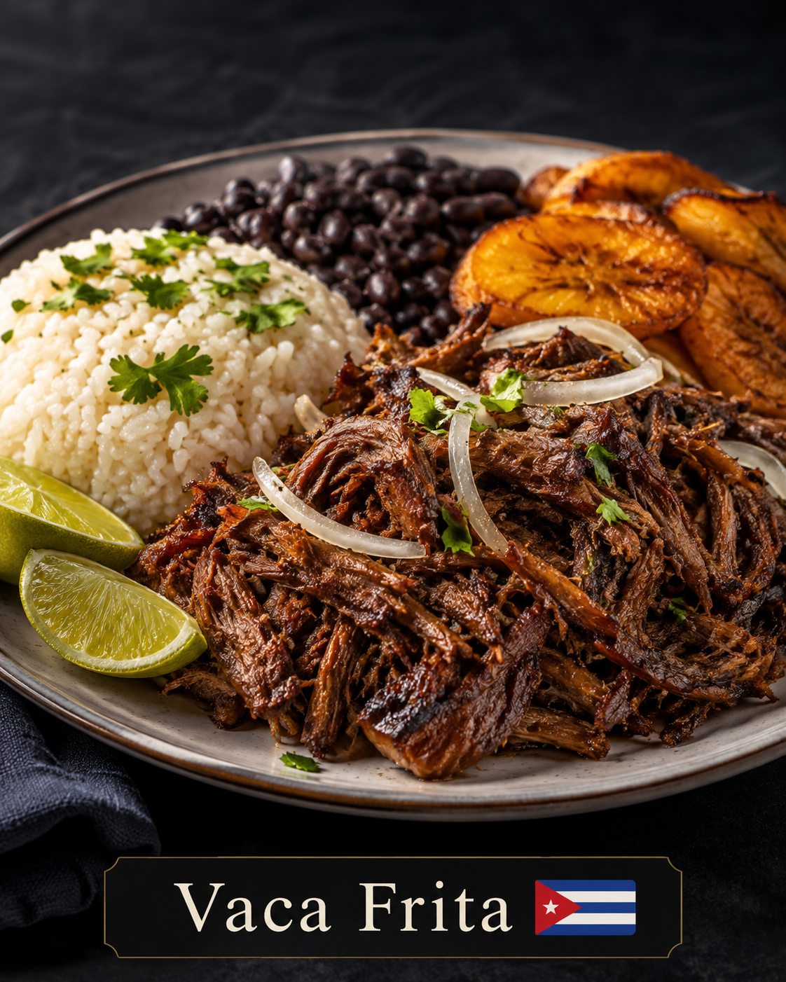 Vaca frita crujiente con arroz, frijoles negros, maduros y limón