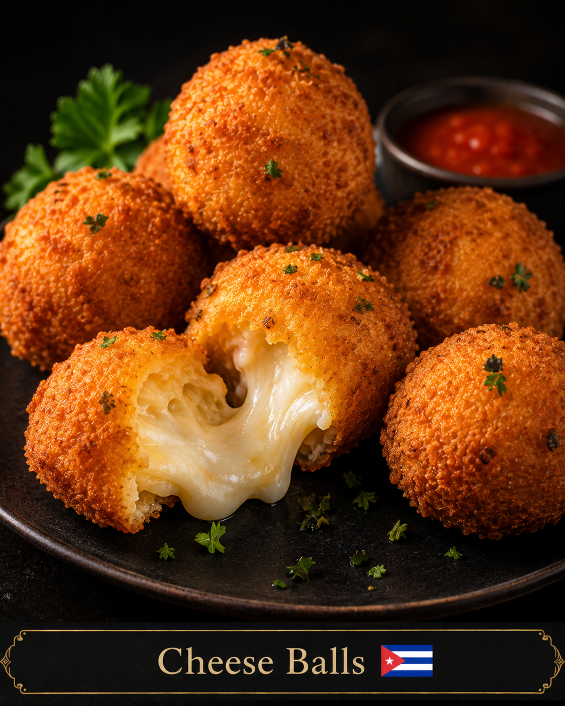 Bolitas de queso fritas con queso derretido y salsa roja