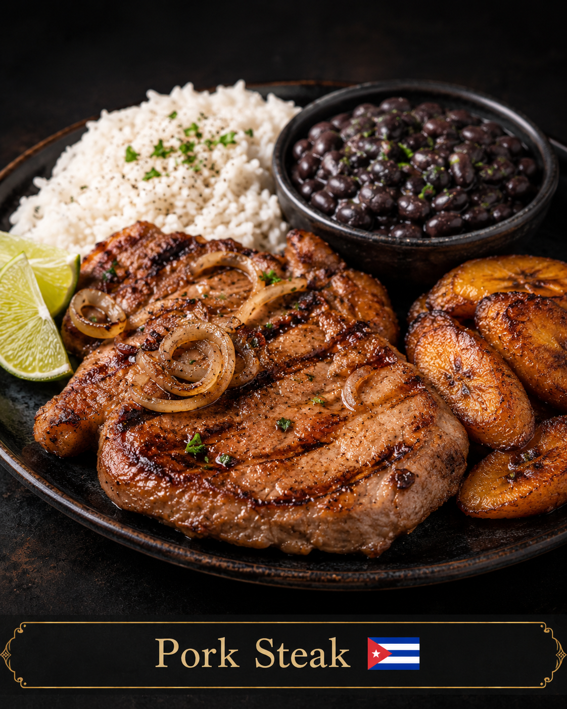 Bistec de cerdo a la parrilla con arroz, frijoles negros y maduros