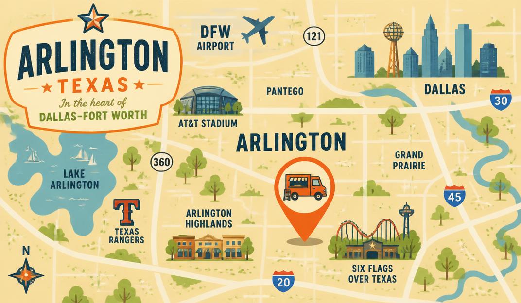 Mapa ilustrado de Arlington, Dallas, Texas con ubicación del food truck