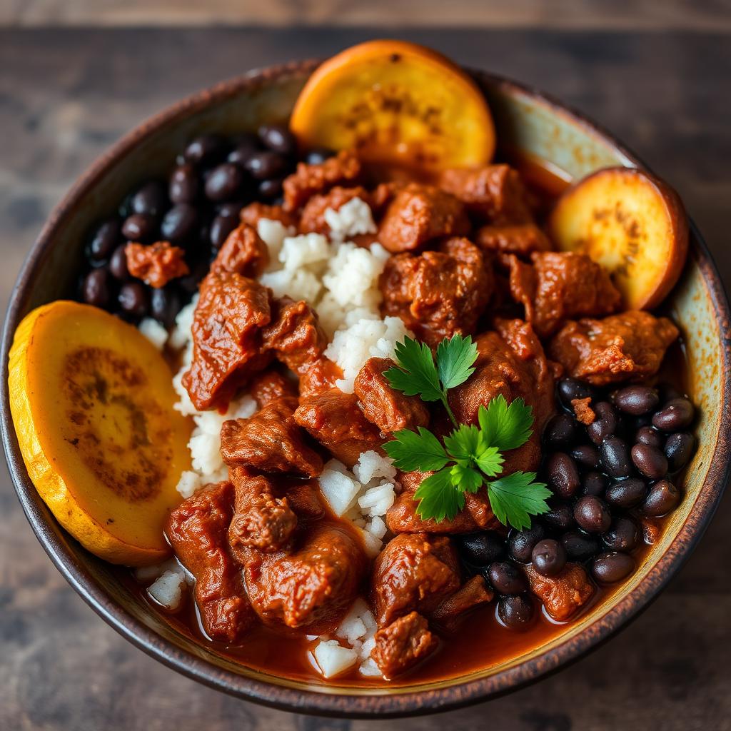 Bowl de ropa vieja con arroz, frijoles y plátanos